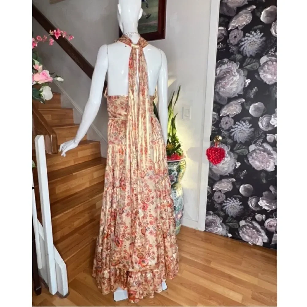 Free People Printed Something Magical Metallic Floral Tiered Maxi Dress